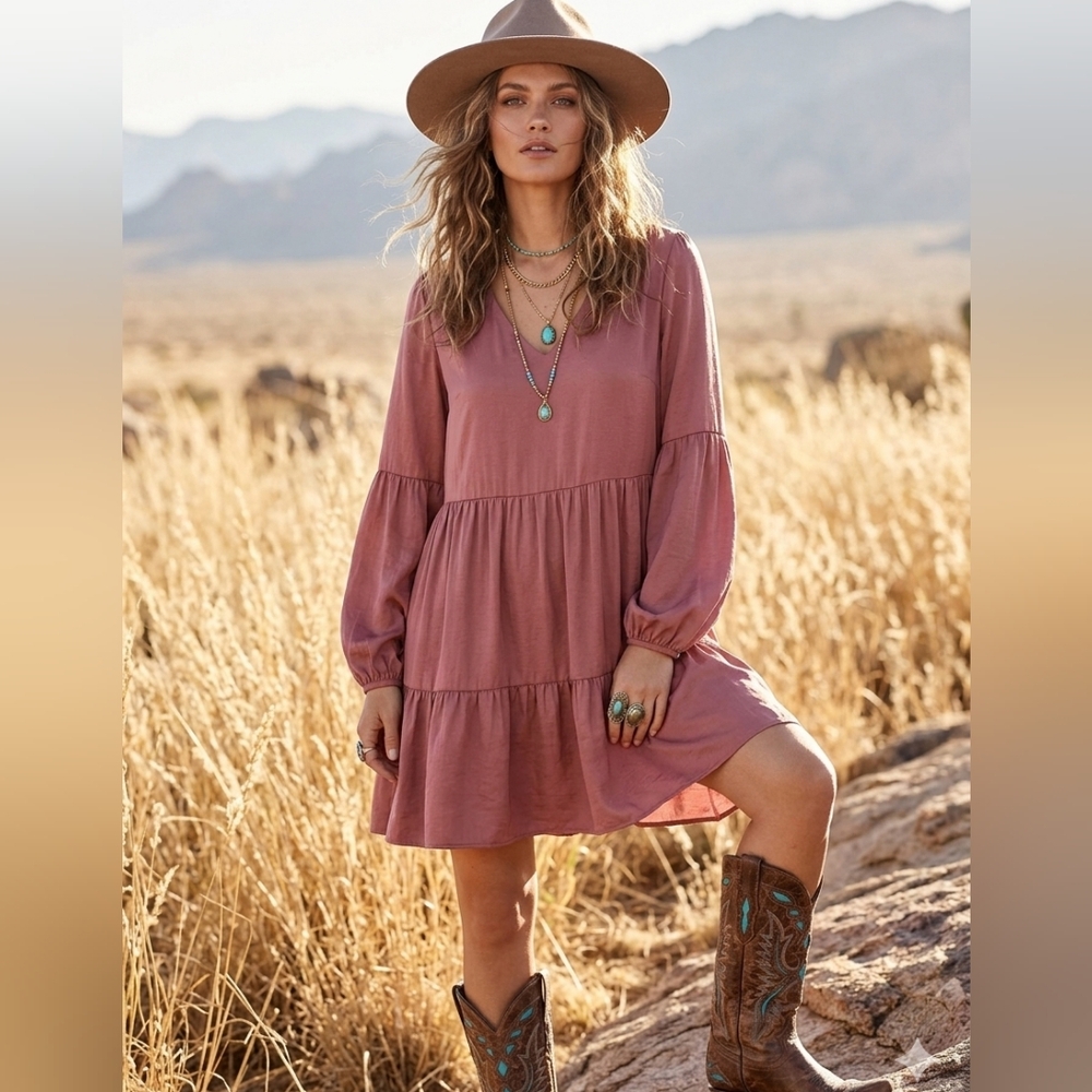 Cynthia Rowley Boho Dusty Rose Tiered V-Neck Long-Sleeve Dress - Picture 7 of 7